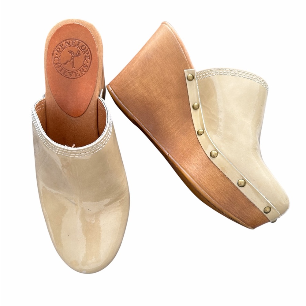 Penelope Chilvers patent tan clogs with wedge heel size 36